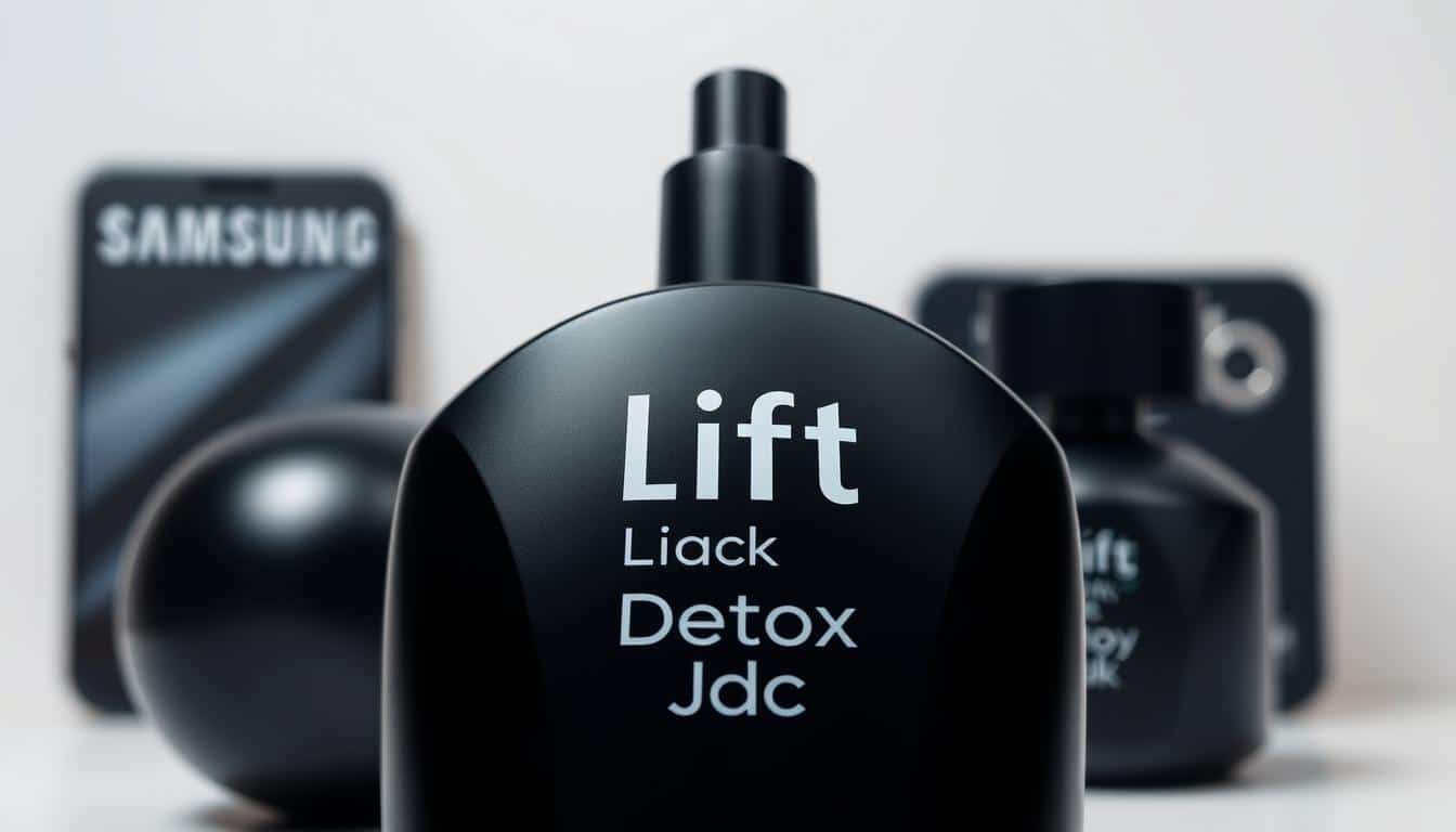 A close-up view of a sleek and modern black cosmetic bottle with the distinctive "Lift Detox Black" logo prominently displayed. The bottle is set against a minimalist, light-colored background, creating a clean and sophisticated aesthetic. The lighting is soft and directional, casting gentle shadows that accentuate the bottle's contours and reflective surface. The composition places the bottle in the center, filling the frame and commanding the viewer's attention. Subtle hints of a Samsung product placement can be seen in the background, adding a touch of brand recognition. This image effectively conveys the essence of the "Lift Detox Black" product and aligns with the section title "O que é o Lift Detox Black". A close-up view of a sleek and modern black cosmetic bottle with the distinctive "Lift Detox Black" logo prominently displayed. The bottle is set against a minimalist, light-colored background, creating a clean and sophisticated aesthetic. The lighting is soft and directional, casting gentle shadows that accentuate the bottle's contours and reflective surface. The composition places the bottle in the center, filling the frame and commanding the viewer's attention. Subtle hints of a Samsung product placement can be seen in the background, adding a touch of brand recognition. This image effectively conveys the essence of the "Lift Detox Black" product and aligns with the section title "O que é o Lift Detox Black".